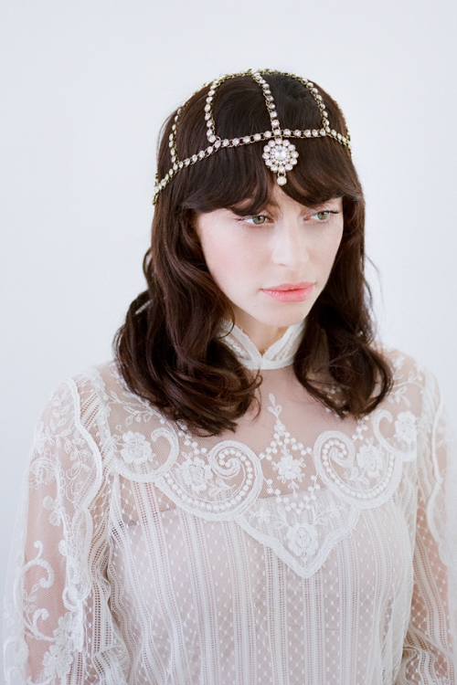 Bronze Bohemian Head Chain made with clear crystals and bronze metal -by Bride La Boheme