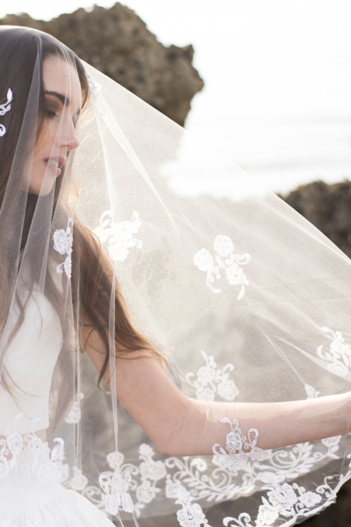 heirloom hand embroidered wedding veil in ivory with floral shapes and edging